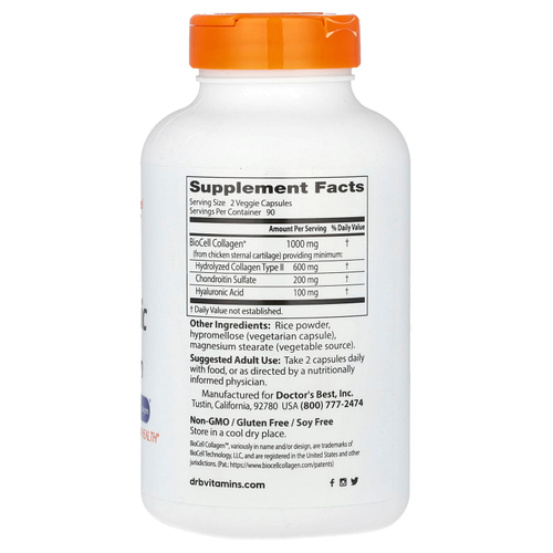 Doctor's Best, гиалуроновая кислота и сульфат хондроитина, 180 вегетарианских капсул