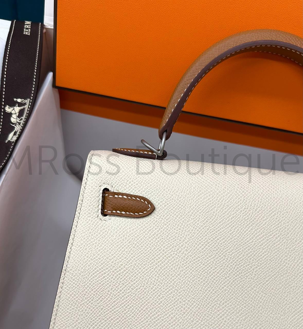 Сумка Hermes Kelly женская в молочном цвете с коричневой ручкой