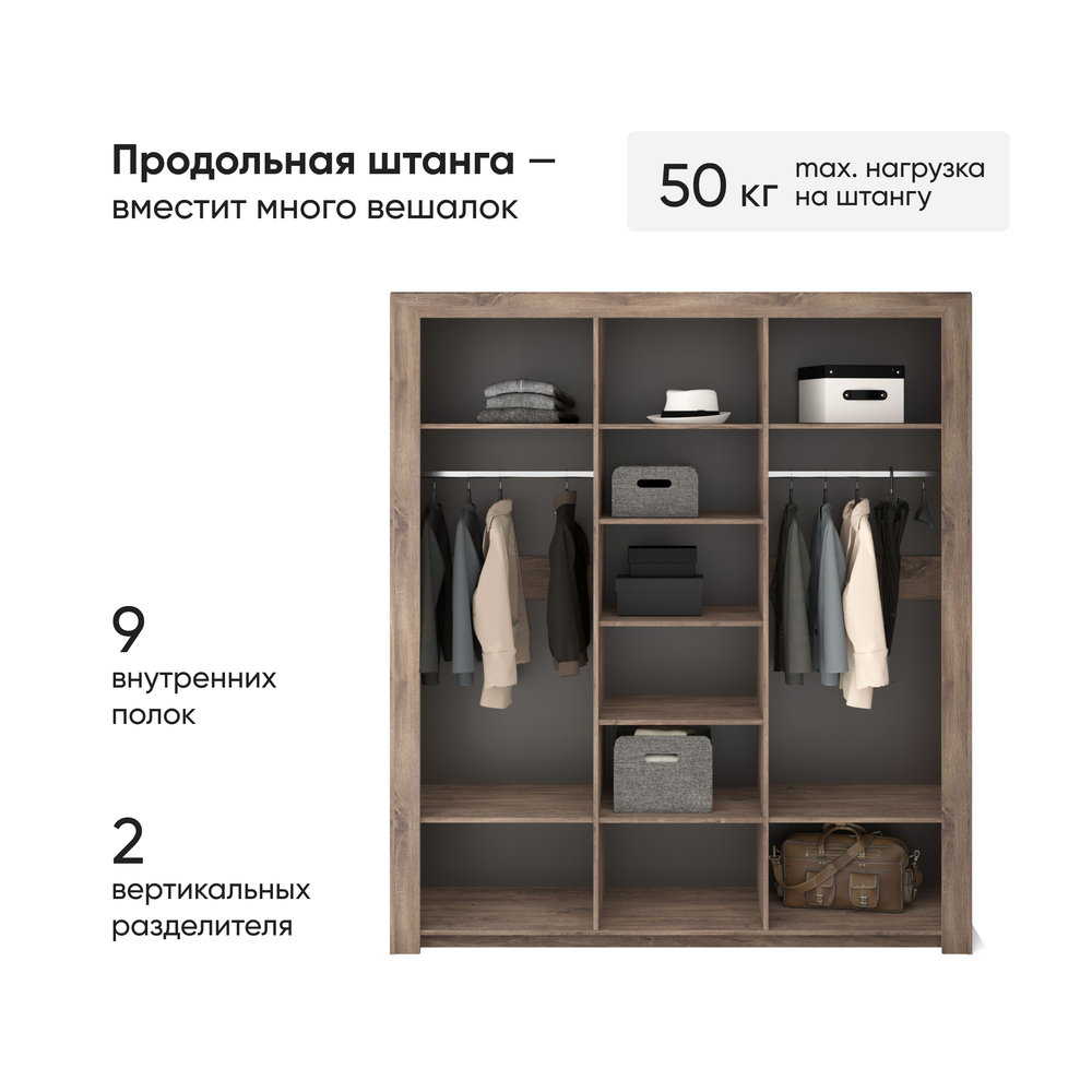 Шкаф-купе Соренто 3 двери 194х62х220 Дуб стирлинг/Кофе структурный матовый