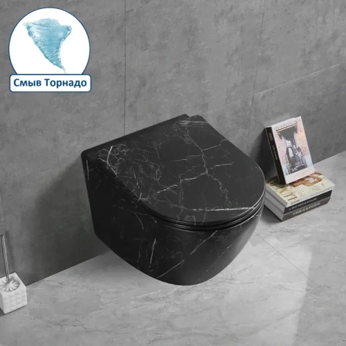 Унитаз SELLA Aria Tornado MMB подвесной безободковый черный мрамор матовый со смывом торнадо Ceruttispa CT9531 (490х370х370)