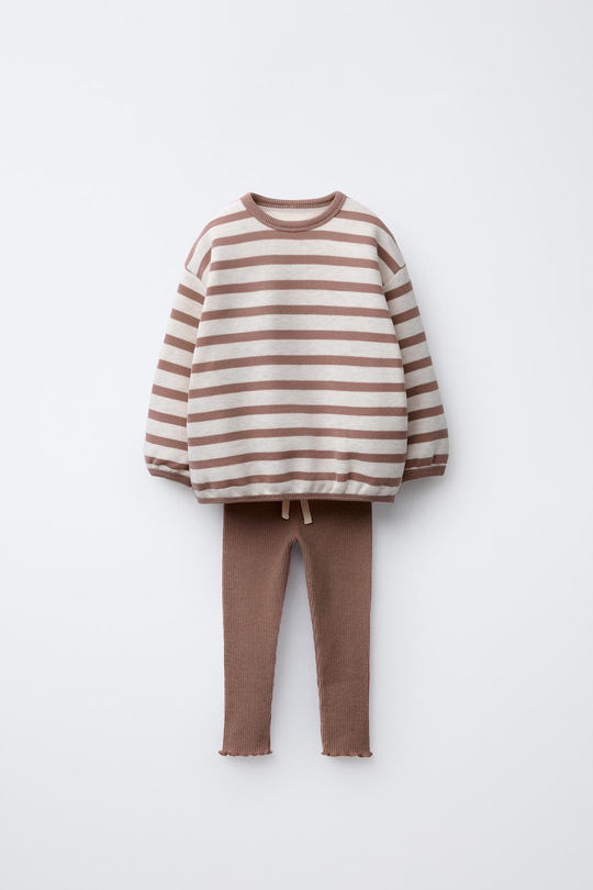 ZARA КОМПЛЕКТ ИЗ ПОЛОСАТОЙ ТОЛСТОВКИ И ЛЕГИНСОВ SOFT TOUCH, КОРИЧНЕВЫЙ МЕЛАНЖ