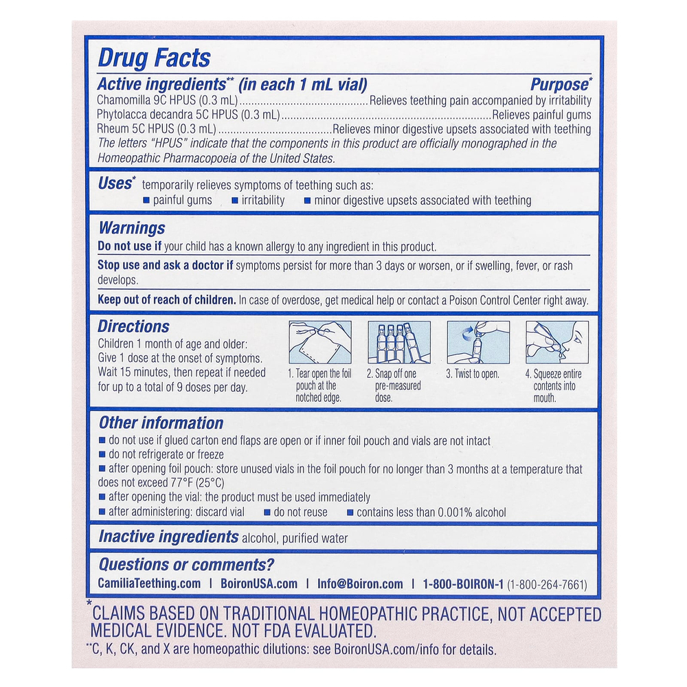 Boiron, Camilia®, средство для снятия боли при прорезывании зубов, для младенцев от 1 месяца, 30 доз по 1 мл (0,034 жидк. унции)