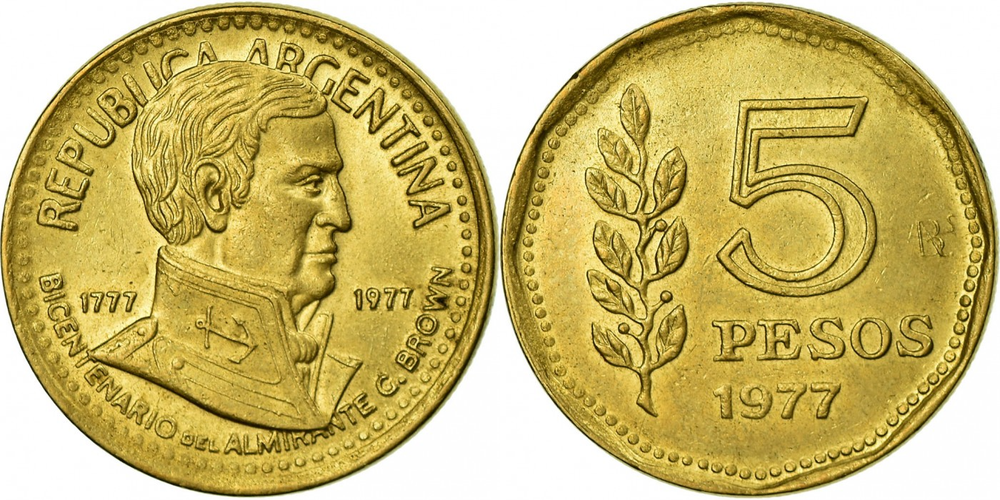 Аргентина 5 песо, 1977 200 лет со дня рождения Гильермо Брауна aUNC