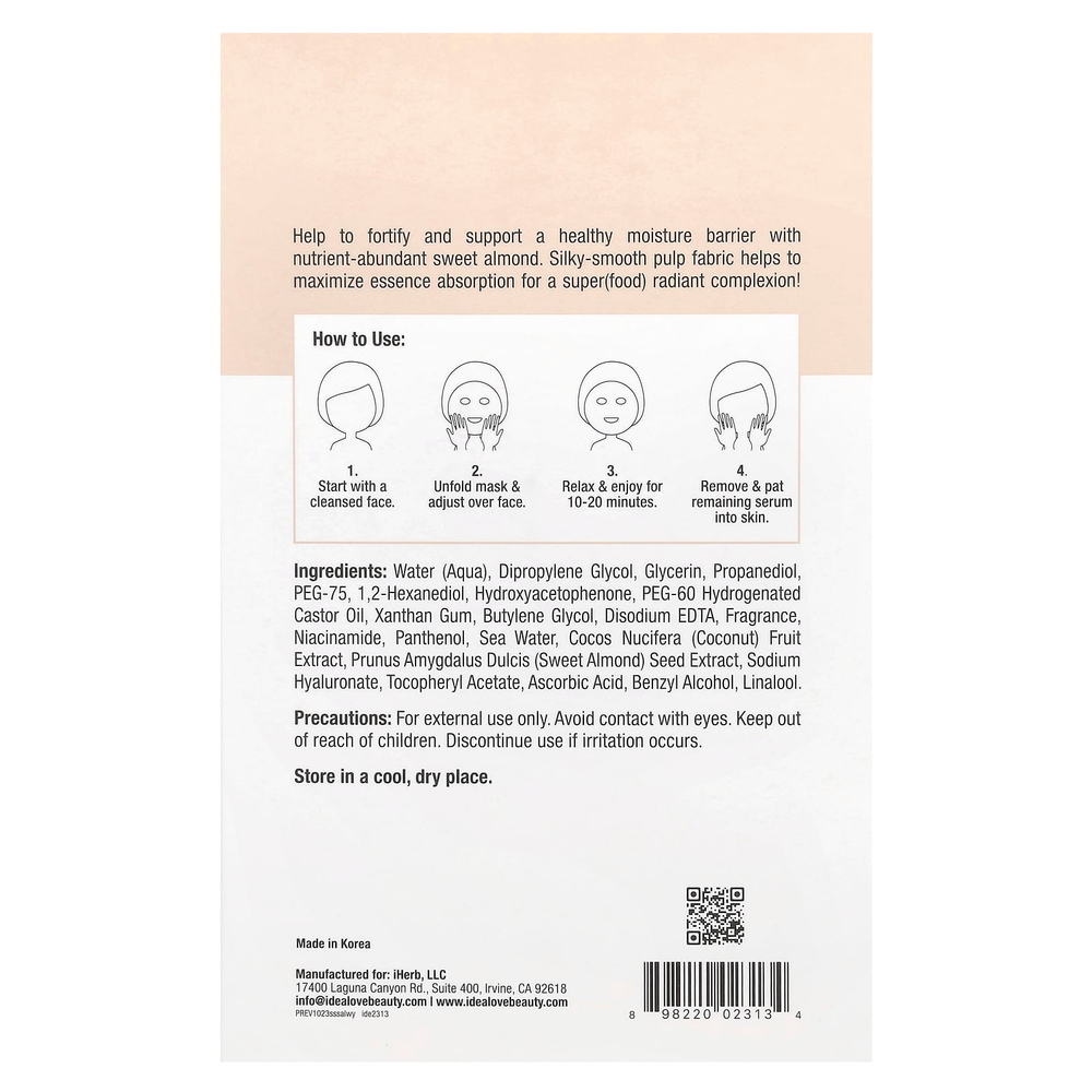 Idealove, Superfood Skin Savior, маска для лица с суперфудами, миндаль, 5 шт. по 20 мл (0,68 жидк. унции)