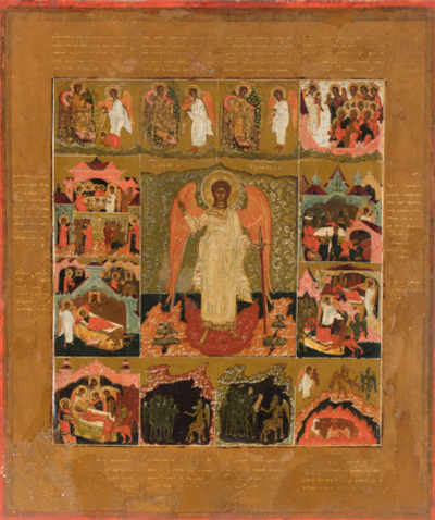 Икона Ангел Хранитель с деяниями деревянная икона на левкасе
