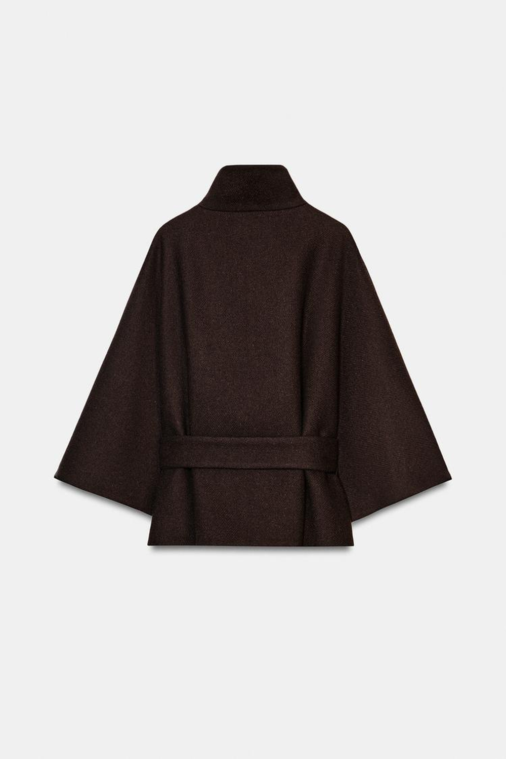 ZARA КОРОТКОЕ ПАЛЬТО-НАКИДКА ИЗ ШЕРСТИ С ПОЯСОМ, КОРИЧНЕВЫЙ