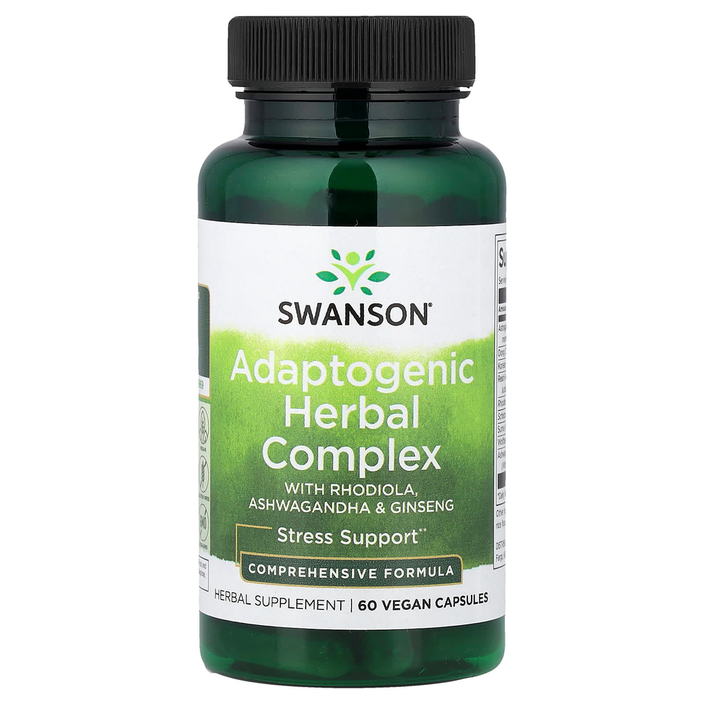 Swanson Vitamins, адаптогенный травяной комплекс с родиолой, ашвагандой и женьшенем, 60 веганских капсул