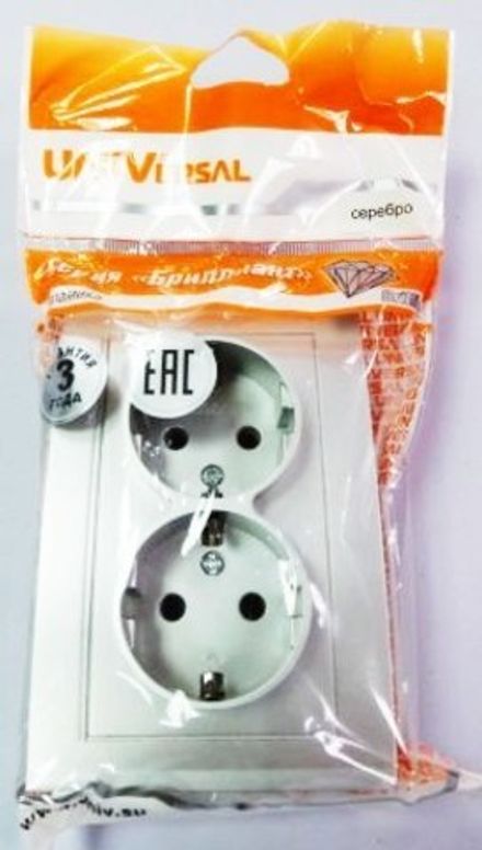 Розетка двухместная "UNIVersal" серия "Бриллиант" с/з, с/у, 16А, 220В, серебро (еврослот) (HU1942)