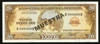 ДОМИНИКАНСКАЯ РЕСПУБЛИКА, ND (1964-74), 20 PESOS ORO [MUESTRA] [SPECIMEN]