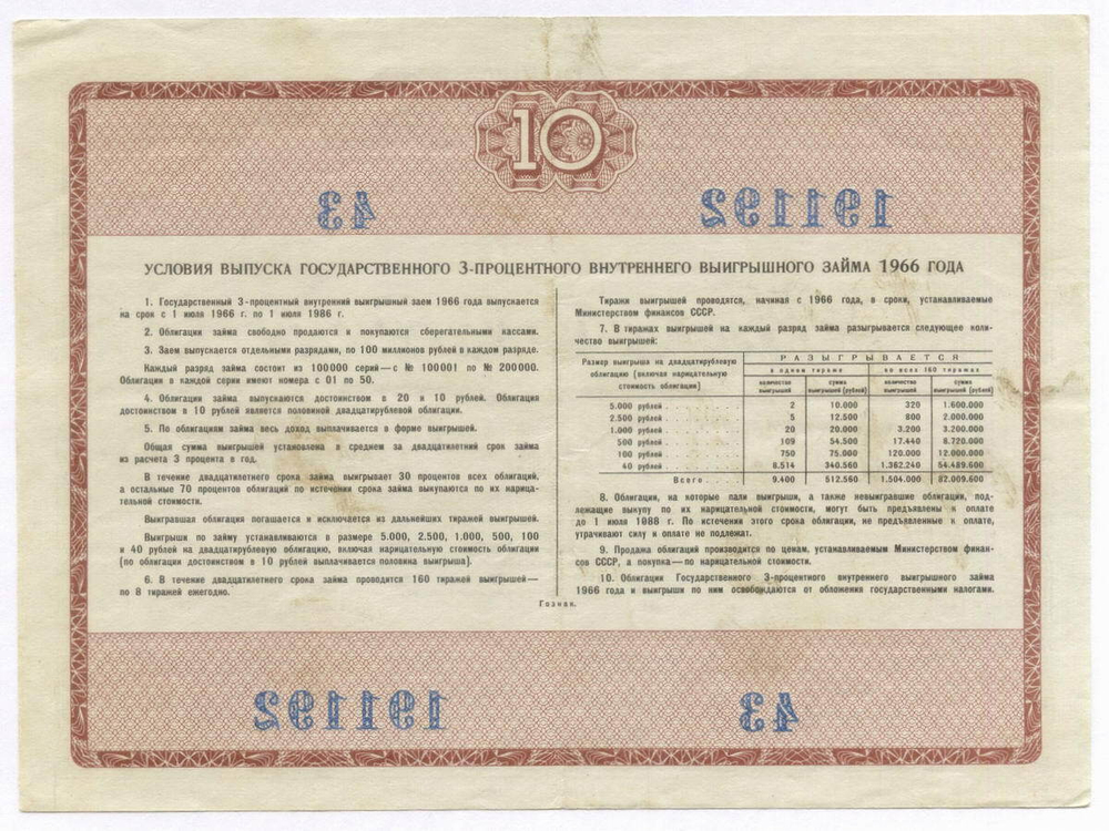 Облигация 10 рублей 1966 год. Серия № 191192. F-VF