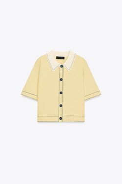 ZARA ВЯЗАНЫЙ ЖАКЕТ-ПОЛО С ДЕКОРАТИВНОЙ ОТСТРОЧКОЙ, ЖЕЛТЫЙ