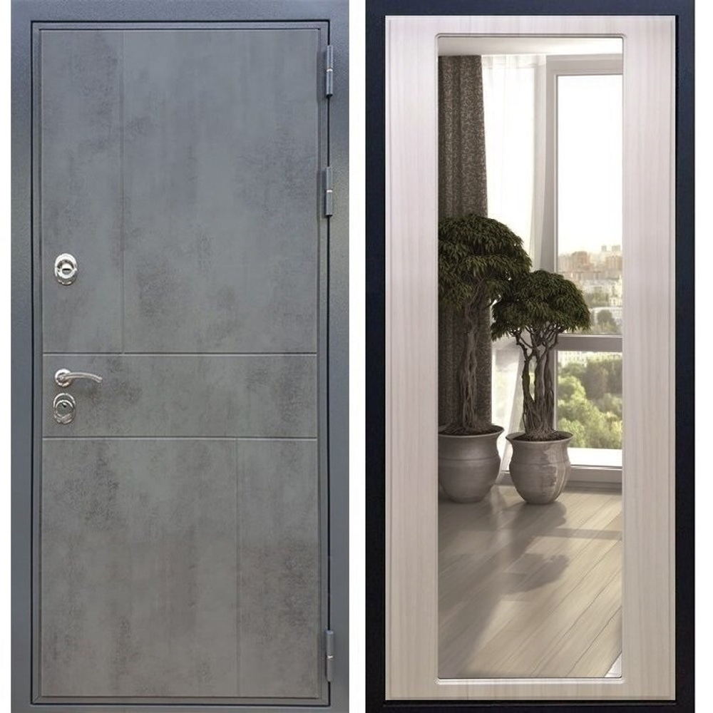 Входная металлическая дверь с зеркалом RеХ (РЕКС) Премиум 290 Темный бетон / СБ-17 Сандал белый