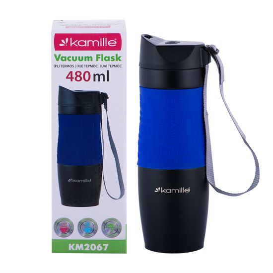 Термокружка 480 мл. из нержавеющей стали Kamille KM-2067 с TPR-вставкой и ремешком