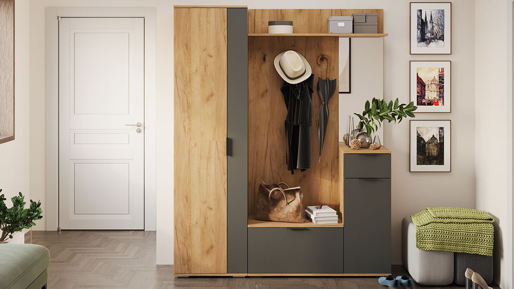 Прихожая с зеркалом комплект мебели Дуб Крафт золотой/Графит Серый 159х35х200 см