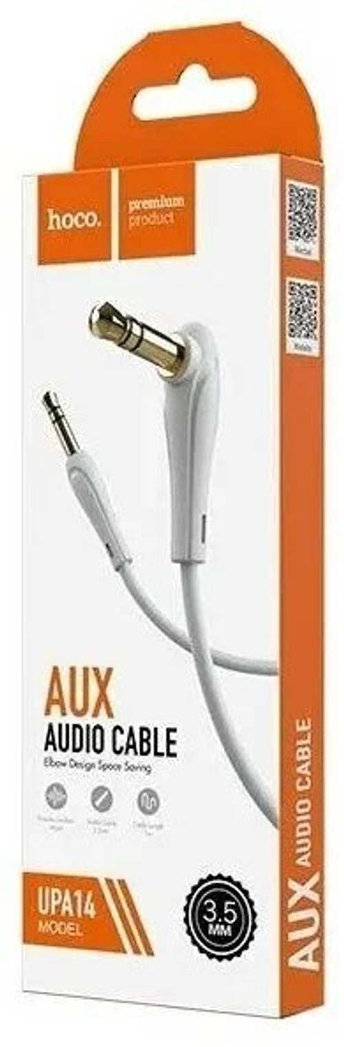 Аудиокабель AUX для подключения к автомагнитоле с разъемом 3,5 jack 1 м, угловой, белый (HOCO.)