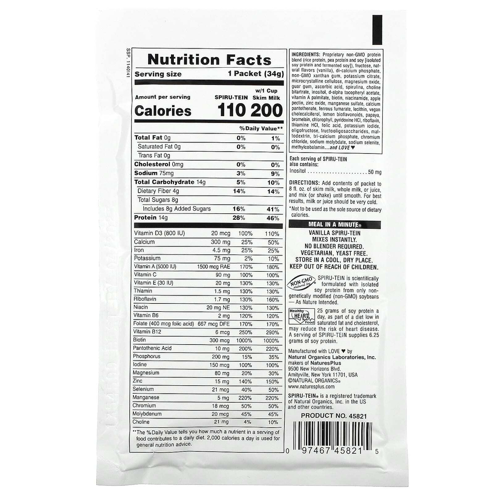 NaturesPlus, Spiru-Tein, энергетическая добавка с высоким содержанием протеина, со вкусом ванили, 8 пакетиков по 34 г (1,2 унции)