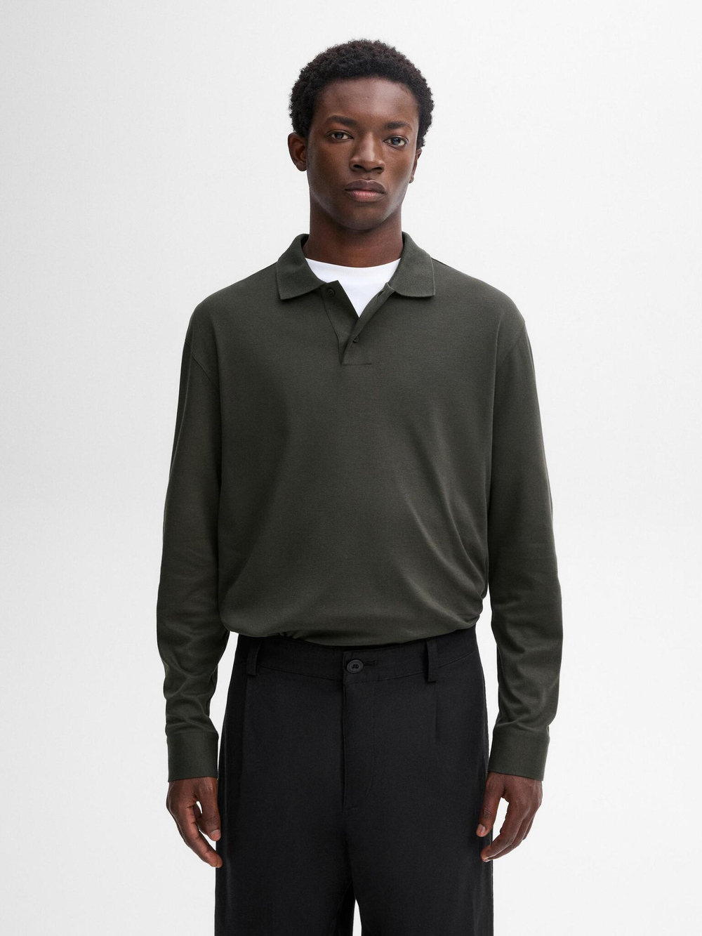 Massimo Dutti Поло из 100% хлопка с длинными рукавами, темно-зеленый