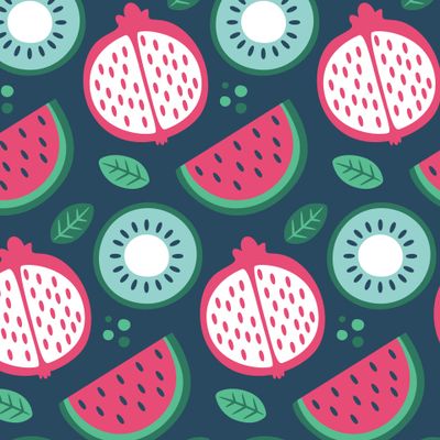 Летний паттерн с арбузом, гранатом, киви и листьями