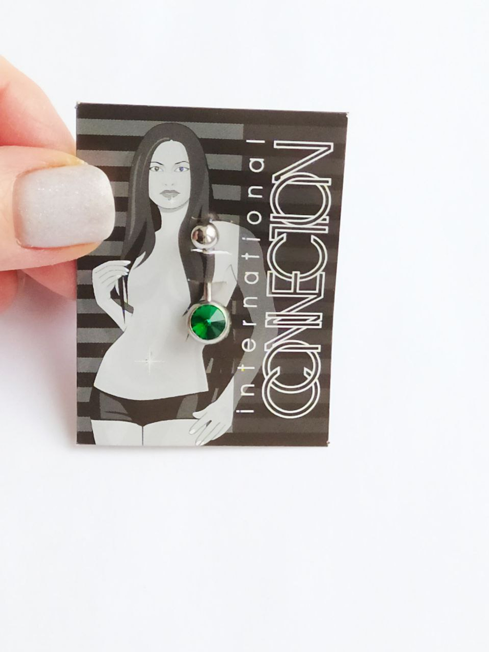 Банан для пупка, 1,6 х 10 мм, с камнем-конусом, зеленый