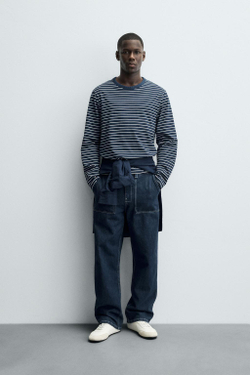 ZARA ЖАККАРДОВАЯ ФУТБОЛКА В ПОЛОСКУ, СИНИЙ/ИНДИГО