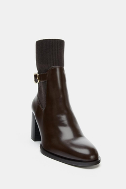 ZARA БОТИЛЬОНЫ НА КАБЛУКЕ С ТКАНЕВЫМ ГОЛЕНИЩЕМ, КОРИЧНЕВЫЙ