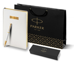 Подарочный набор: Ручка роллер Parker IM Premium T318 Pearl GT, цвет чернил черный и белый недатированный ежедневник с золотым срезом