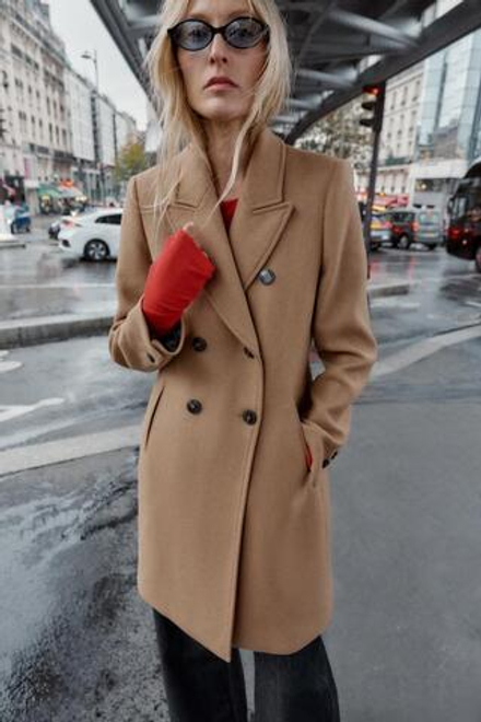 ZARA ПАЛЬТО ДВУБОРТНОЕ С ПОГОНАМИ, РЫЖЕВАТО-КОРИЧНЕВЫЙ