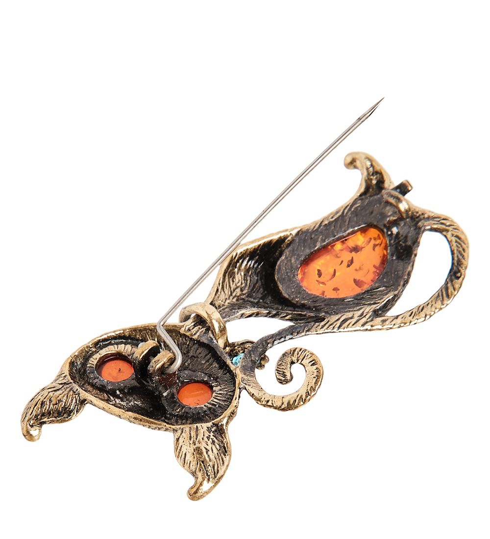 AM-2094 Брошь «Кошка с ошейником» (латунь, янтарь)