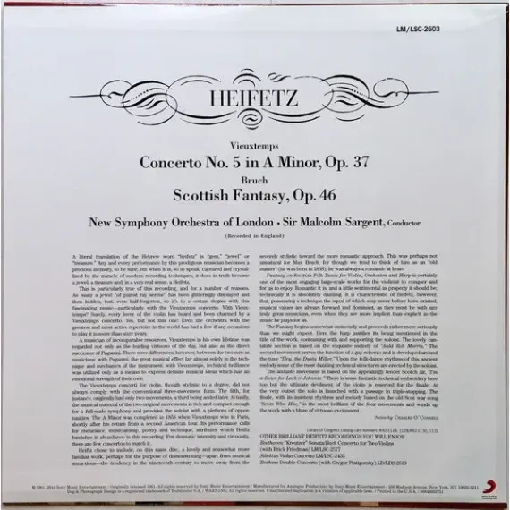 Heifetz, Bruch, Vieuxtemps, New Symphony Orchestra Of London, Sir Malcolm Sargent - Scottish Fantasy, Concerto No. 5 - (Analogue productions) LP