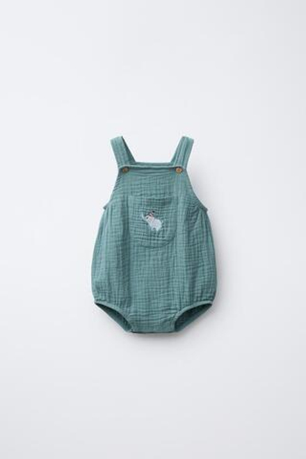 ZARA КОМБИНЕЗОН ТЕКСТУРНЫЙ С ВЫШИВКОЙ СЛОНА, ЦВЕТ МОРСКОЙ ВОЛНЫ