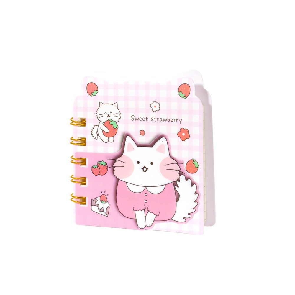 Блокнот 9,6 см * 9.5 см, Alingar, гребень, обложка пластик, вырубка, клетка, 70 л., "Котенок с клубничкой"