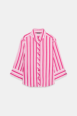 ZARA РУБАШКА В ПОЛОСКУ С ОТВОРОТАМИ НА РУКАВАХ, КРАСНЫЙ/БЕЛЫЙ