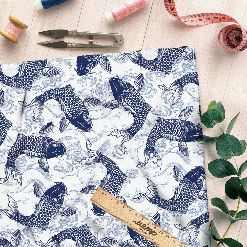 Ткань лен синие карпы