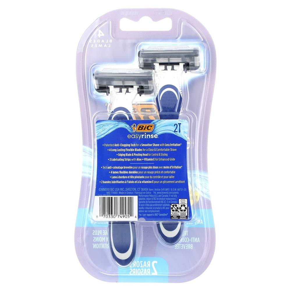 BIC, EasyRinse, одноразовые бритвенные станки для мужчин, 2 шт.