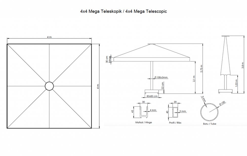 Зонт профессиональный 4х4 м Theumbrela Semsiye Evi Mega Telescopic