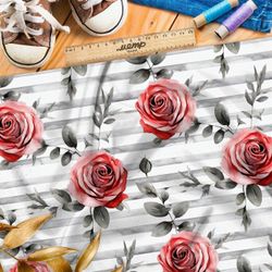 Ткань премиум сатин розы на серых полосках