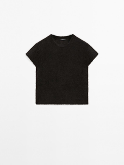 Massimo Dutti Трикотажный свитер из смесовой альпаки с короткими рукавами, кофейный