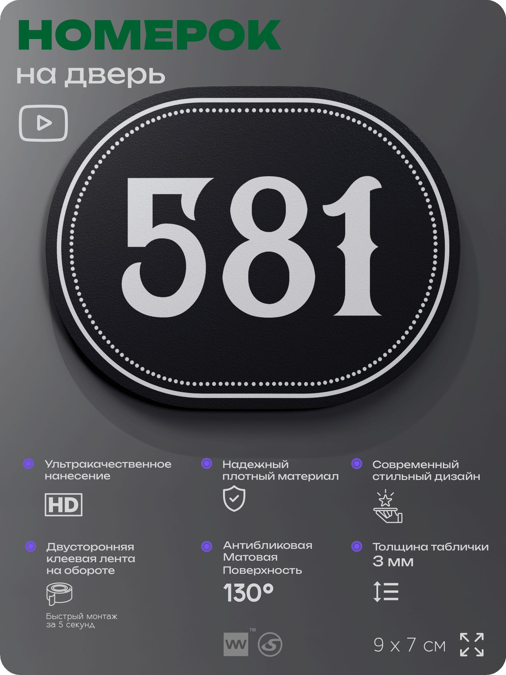 Номерок на дверь квартиры 581, для кабинета, офиса, шильдик 9 х 7 см, черный, Айдентика Технолоджи