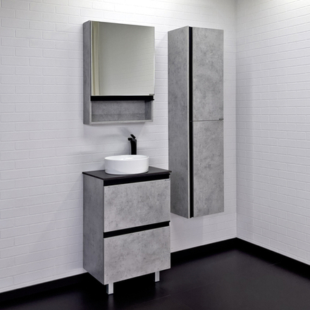 Тумба-умывальник Comforty Эдинбург-60Н бетон светлый с черной столешницей с раковиной Comforty 9111