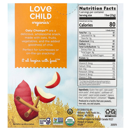 Love Child Organics, Nature's Path, органические батончики Oaty Chomps™, для детей от 12 месяцев, яблоко и батат, 5 батончиков в индивидуальной упаковке, 23 г (0,8 унции)