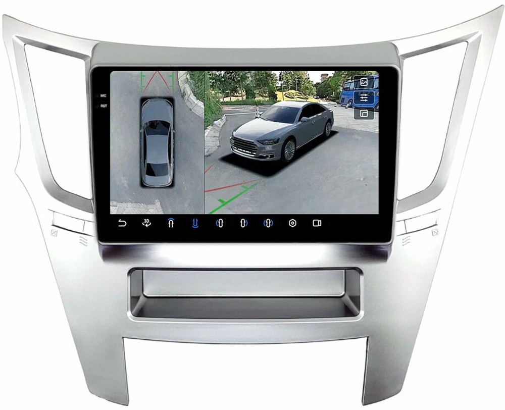 Магнитола для Subaru Legacy 5, Outback 4 2009-2014 (левый руль, рамка серебро) - FarCar BX061M-360 монитор 9.5" 2K QLED на Android 13, 6Гб+128Гб, CarPlay, 4G SIM-слот, 4 камеры в комплекте