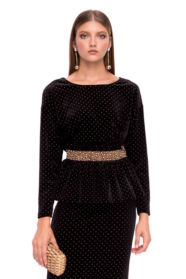 Бархатный топ с баской и длинными рукавами