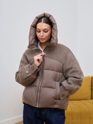 Комбинированный коричневый пуховик с капюшоном