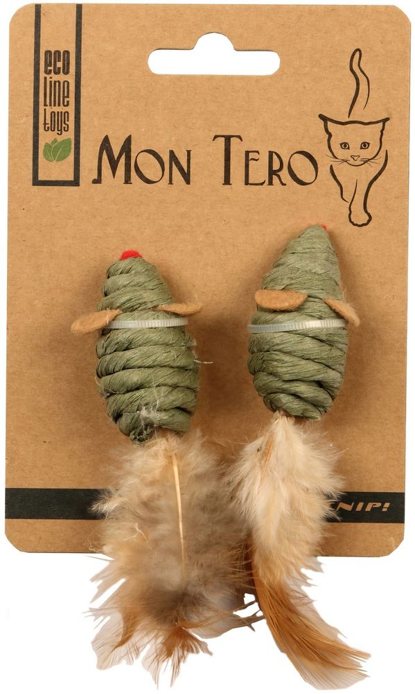 MON TERO ECO Игрушка для кошек, Мышь с перьями и кошачьей мятой, зеленая, 7.6 см, 2 шт