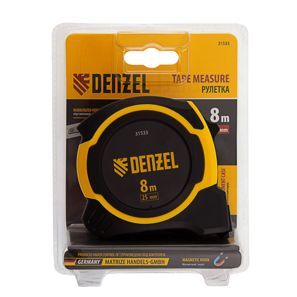 Рулетка 8м х 25мм, двухкомп. корпус, магнитный обрезиненный зацеп Denzel