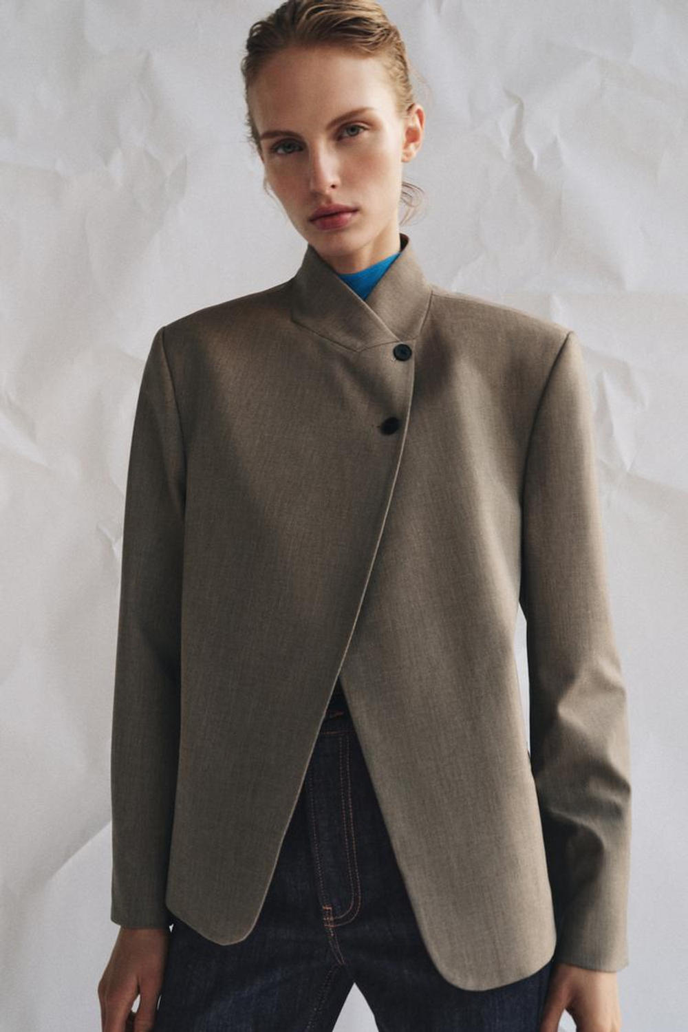 ZARA БЛЕЙЗЕР С ВОРОТНИКОМ-СТОЙКОЙ — ZW COLLECTION, КАМЕННО-СЕРЫЙ