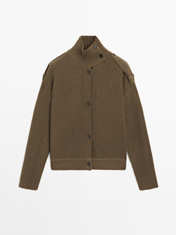 Massimo Dutti Кардиган из шерстяного трикотажа с пуговицами, хаки
