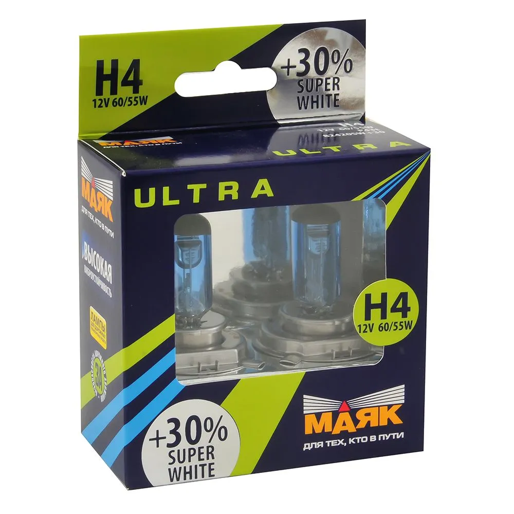 Галогенная лампа H4 60/55W 12V P43t Маяк Ultra Super White +30%, комплект 2 шт.