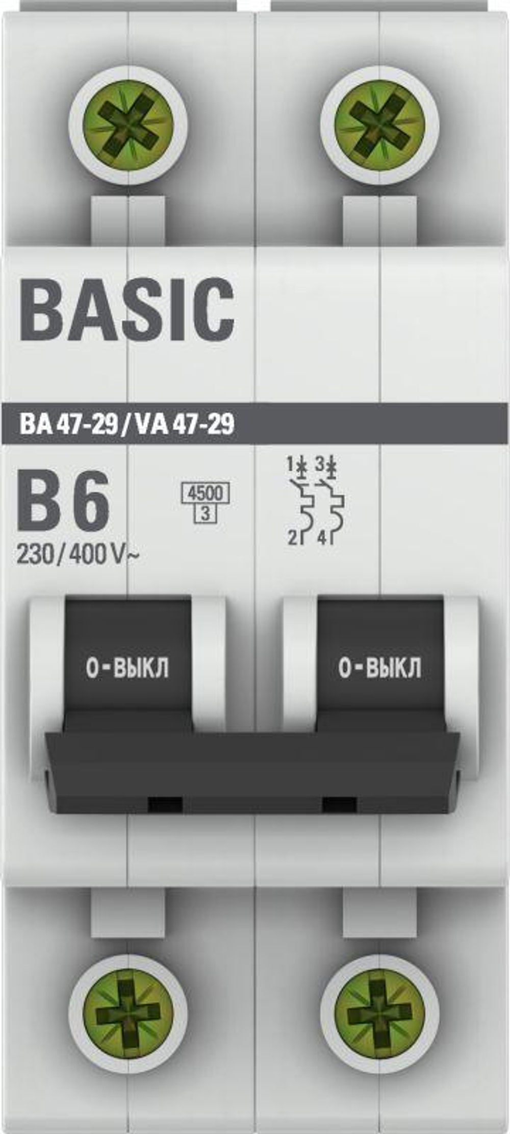 Выключатель автоматический модульный 2п B 6А 4.5кА ВА 47-29 Basic EKF mcb4729-2-06-B