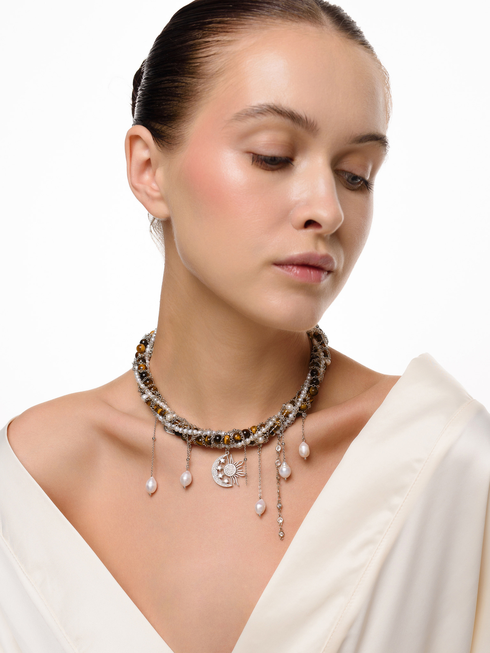 Колье "Sun And Moon" из тигрового глаза Silver